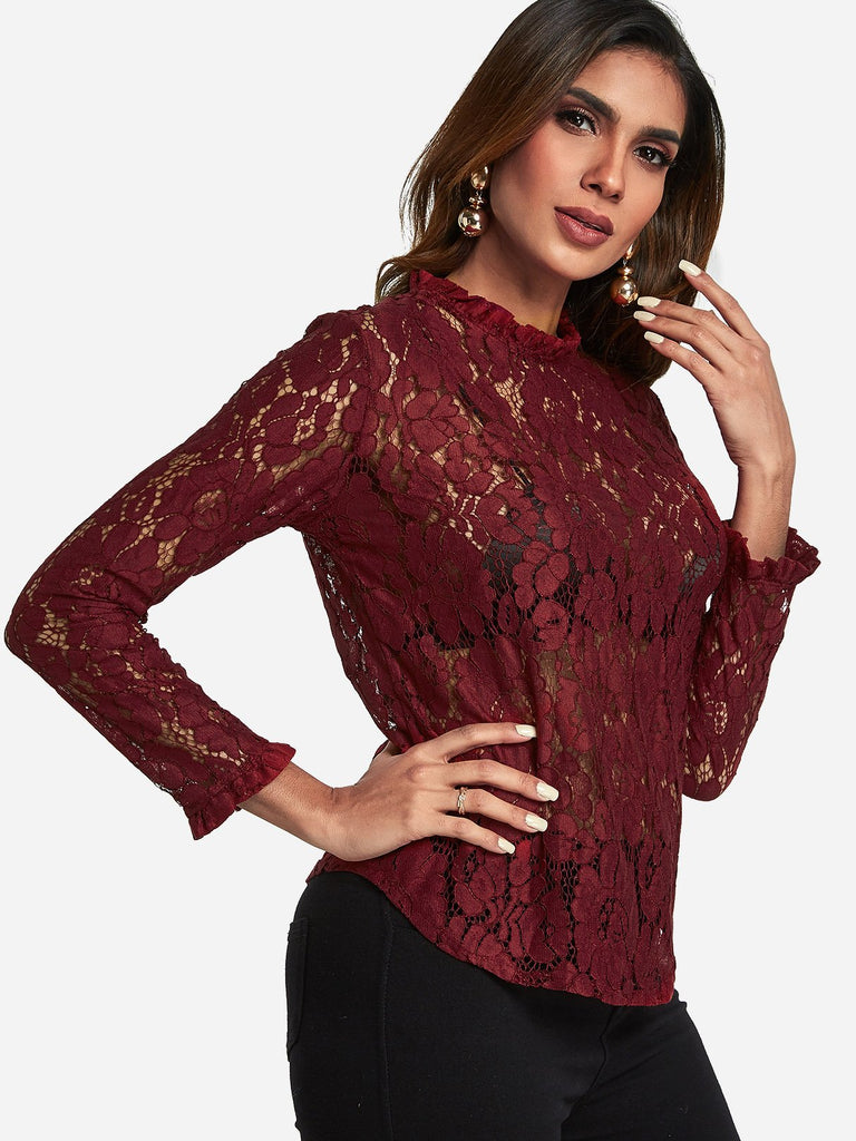 Round Neck Lace Long Sleeve See-Through Top