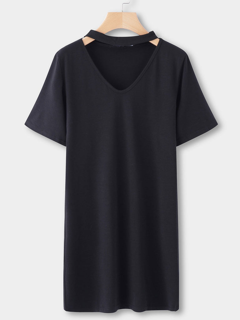Black V-Neck Short Sleeve Plain Cut Out Mini Dresses