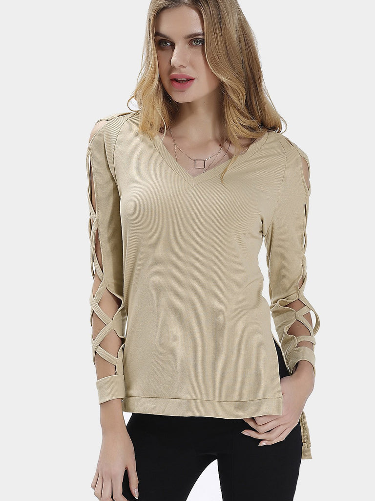 V-Neck Plain Long Sleeve Beige Hollow Top With Slit Hem