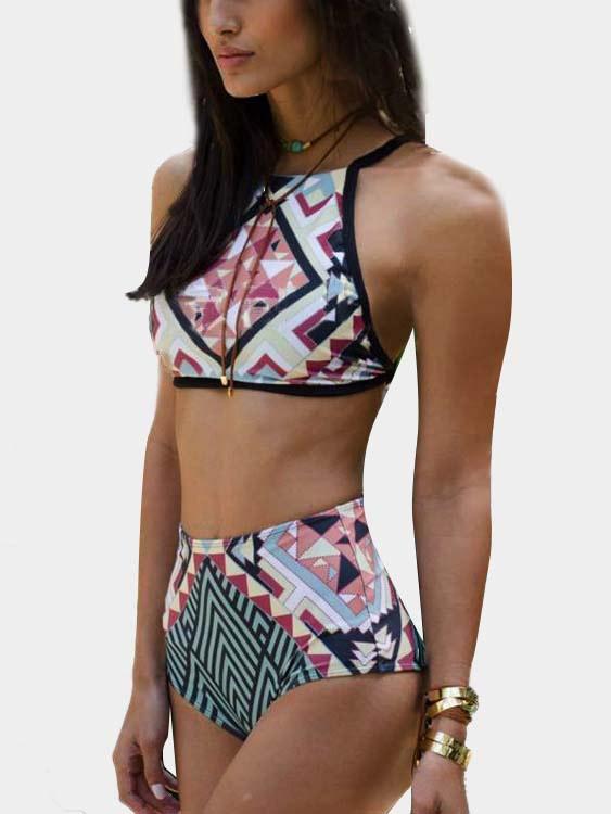 Square Neck Sleeveless Geometrical Lace-Up Bikinis