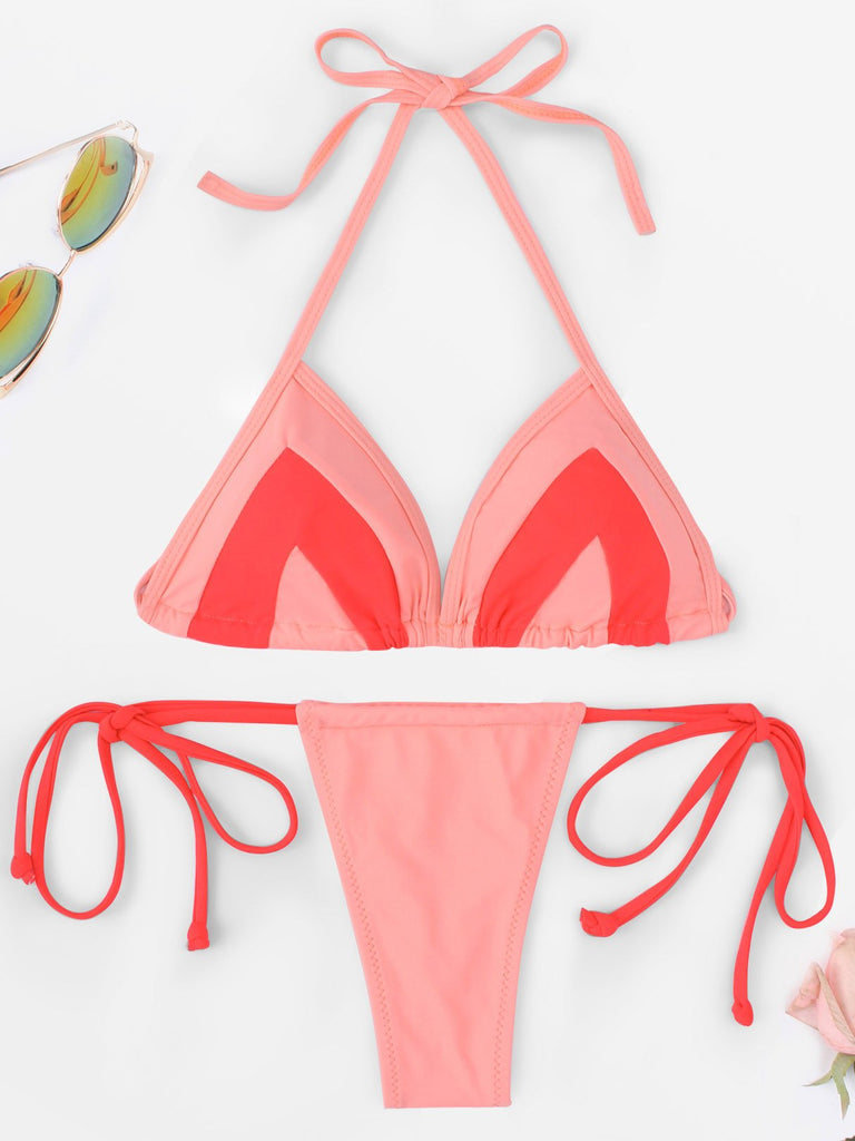 Pink Halter Sleeveless Plain Backless Two Piece Bikinis
