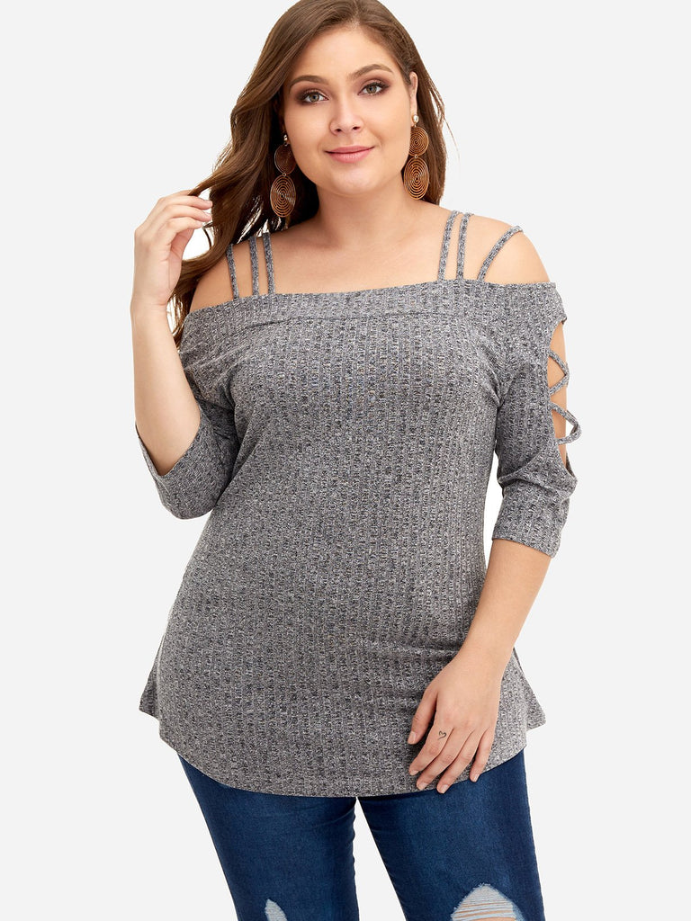 Cold Shoulder Plain Criss-Cross Half Sleeve Grey Plus Size Tops