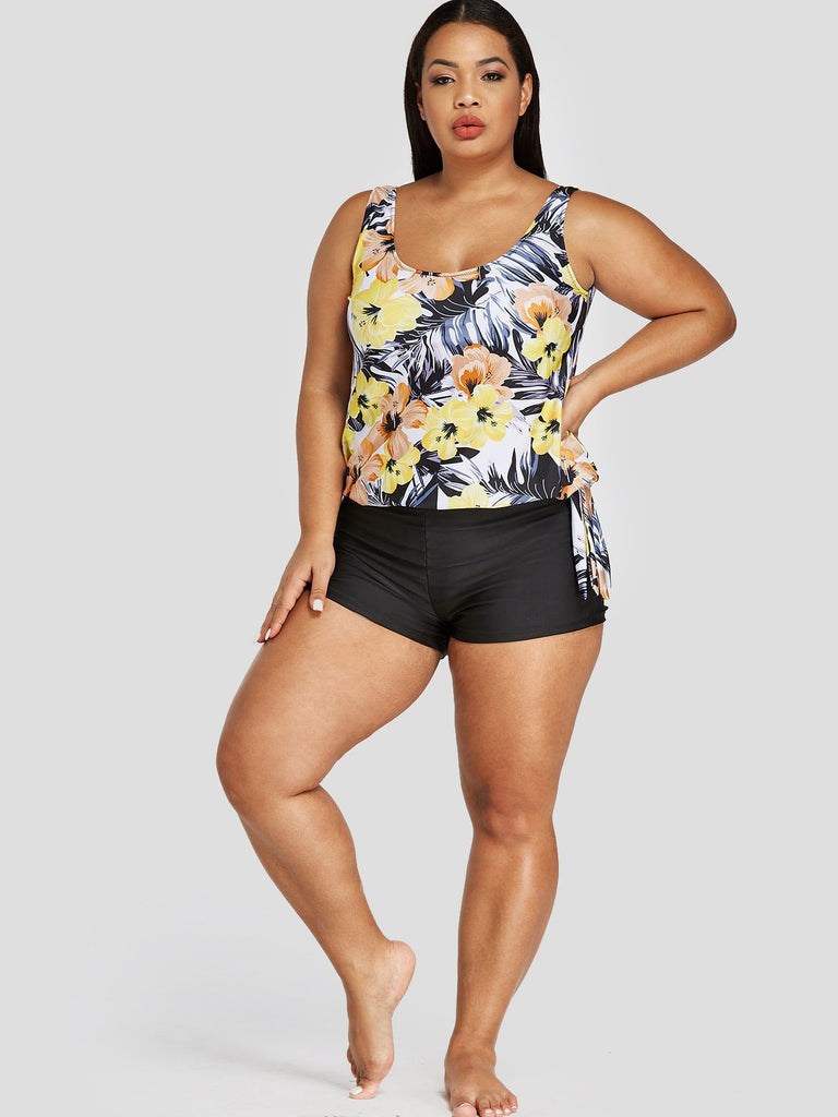 Scoop Neck Floral Print Sleeveless Plus Size Swimwear