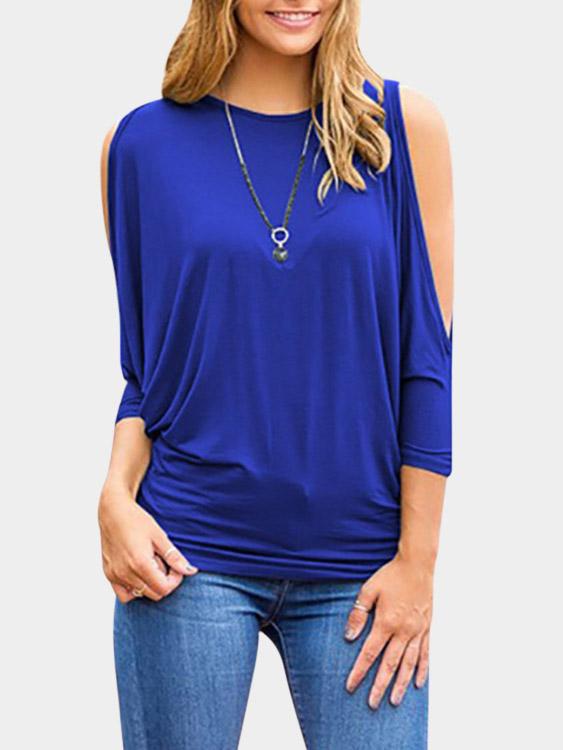 Round Neck Cold Shoulder Pleated 3/4 Sleeve Royal Blouses
