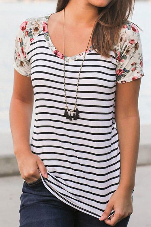 Round Neck Stripe Floral Print Short Sleeve T-Shirt