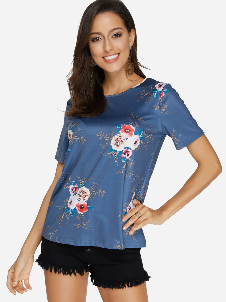 Crew Neck Floral Print Short Sleeve Blue Blouses