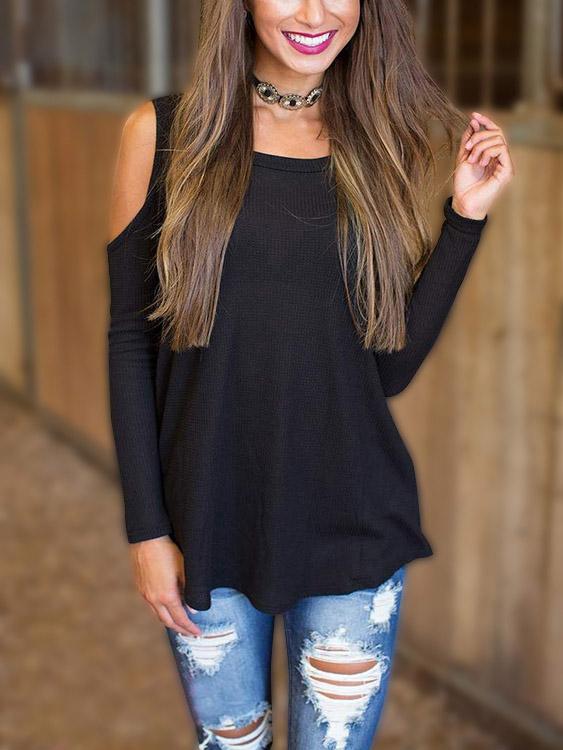 Cold Shoulder Plain Long Sleeve Irregular Hem Black Top