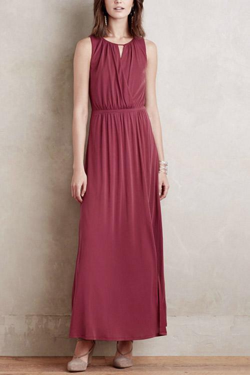 Wine Red Round Neck Sleeveless Maxi Dress