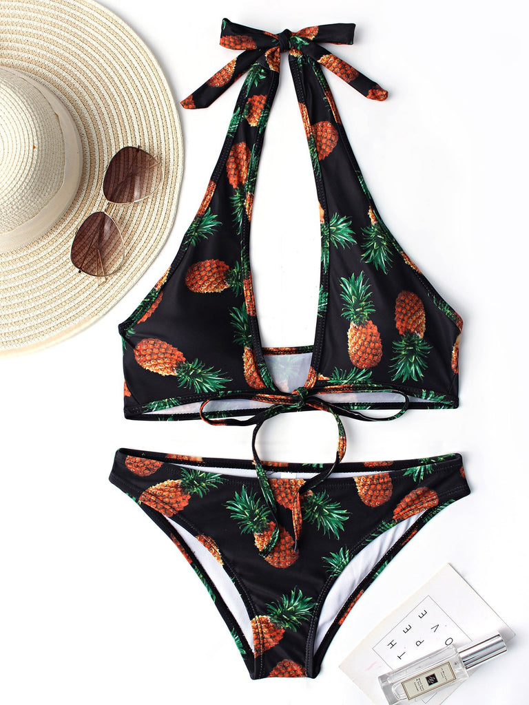 Black Halter Sleeveless Printed Backless Two Piece Bikinis