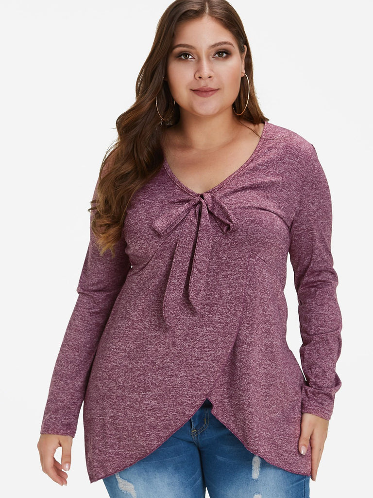 V-Neck Plain Long Sleeve Purple Plus Size Tops