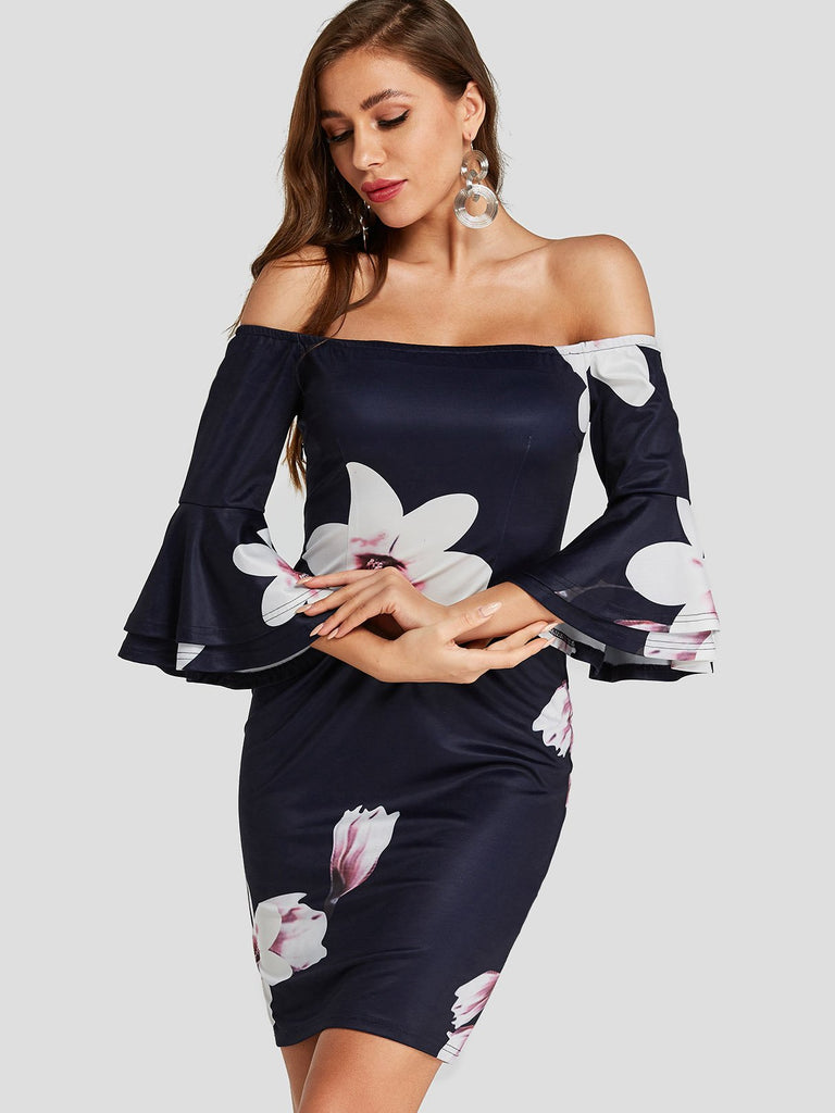 Navy Off The Shoulder Long Sleeve Floral Print Bodycon Dresses