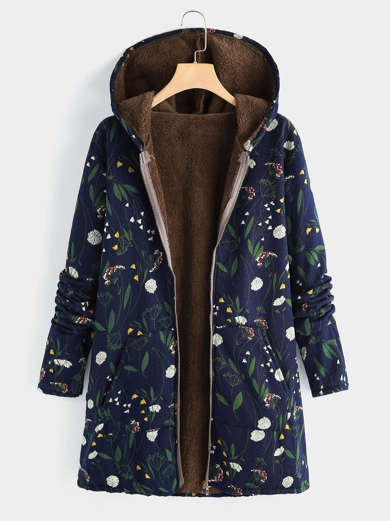 Floral Print Side Pockets Hooded Long Sleeve Plus Size Coats & Jackets