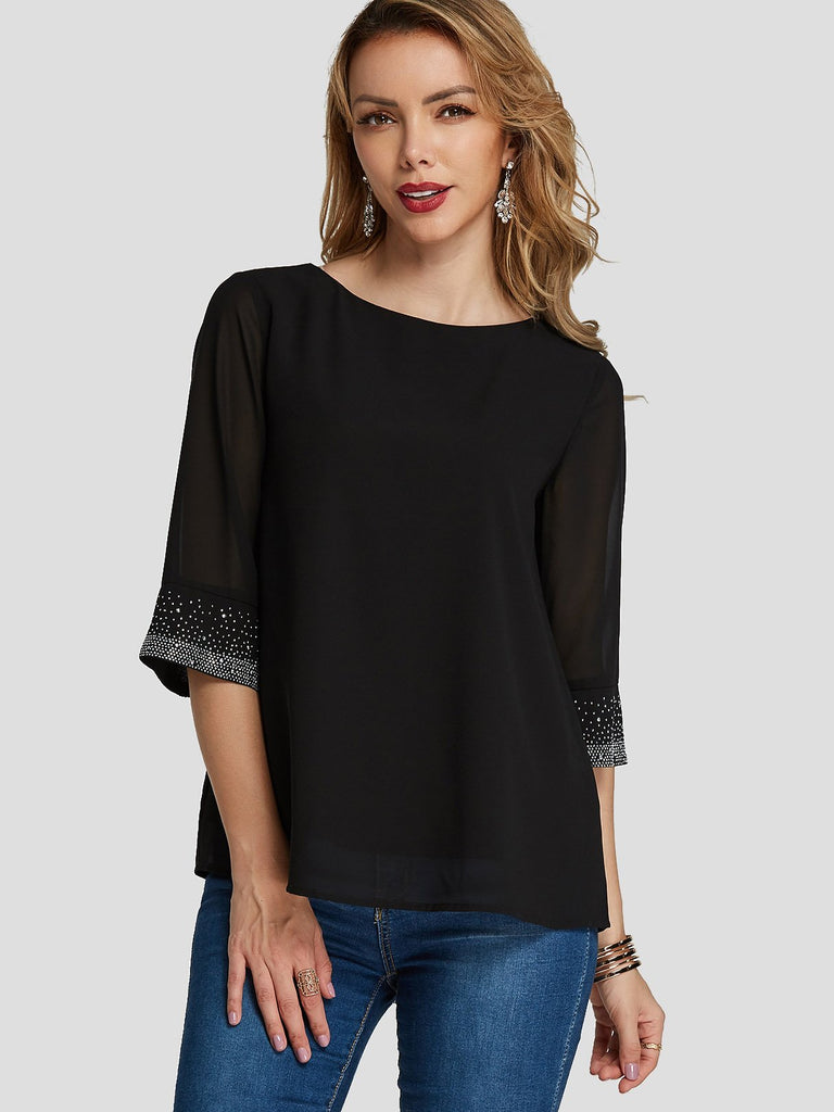 Round Neck Sheer Sequins Embellished Half Sleeve Black T-Shirts