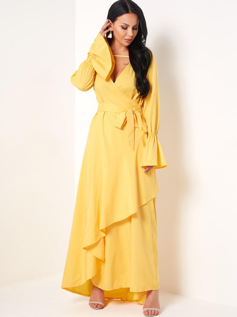 Ladies Yellow V-Neck Dresses