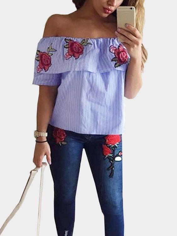 Off The Shoulder Stripe Embroidered Short Sleeve Blue Top