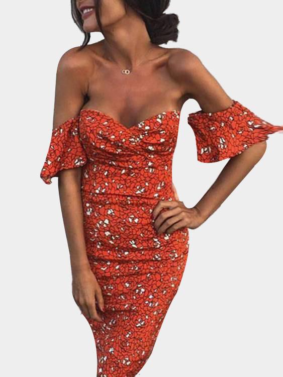 Orange Off The Shoulder Short Sleeve Floral Print Zip Back Backless Slit Hem Dresses