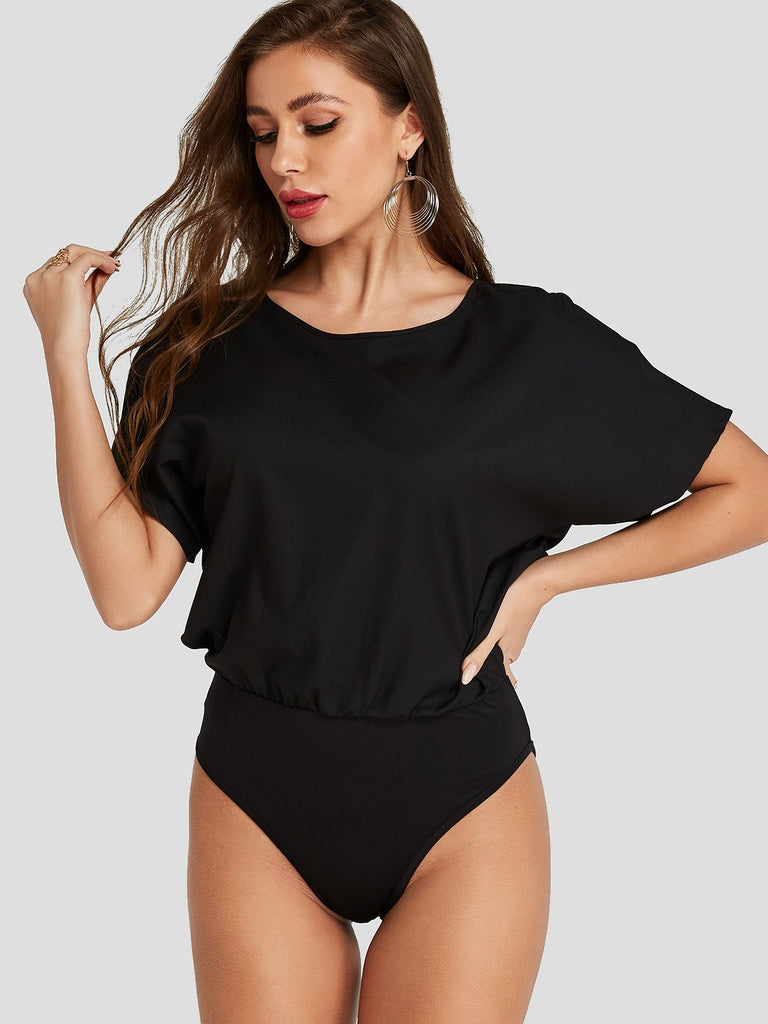 Round Neck Short Sleeve Black Bodysuits