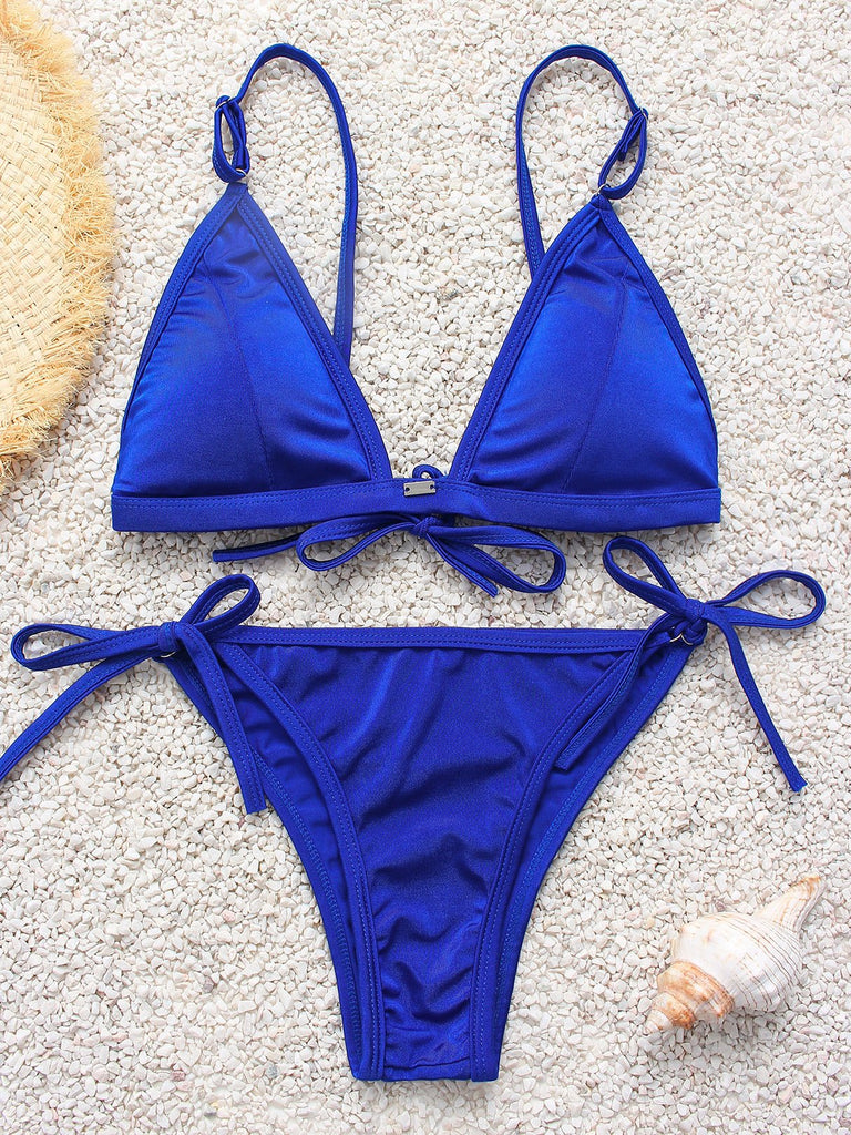 Blue V-Neck Sleeveless Lace-Up Bikinis
