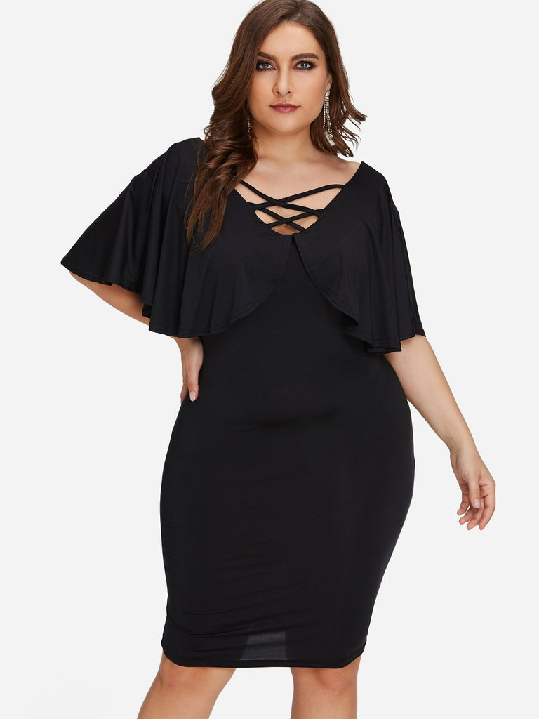 V-Neck Plain Tiered Criss-Cross Half Sleeve Black Plus Size Dresses