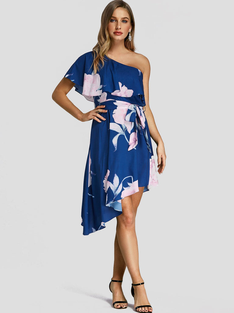 Navy One Shoulder Floral Print Tiered Belt Irregular Hem Dresses