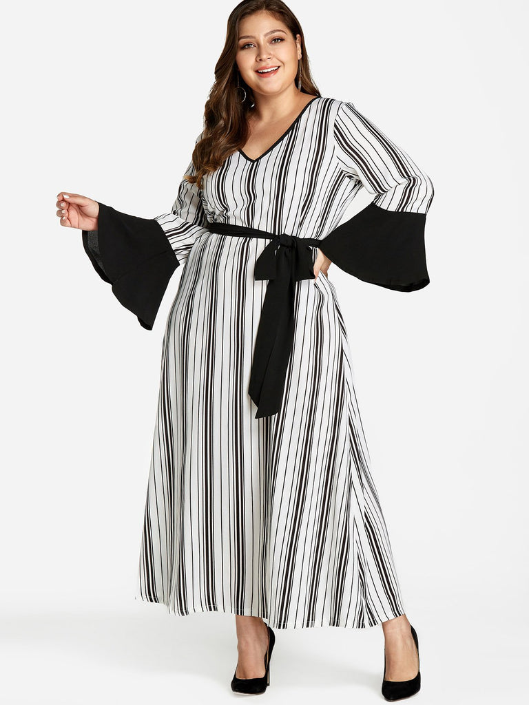 V-Neck Stripe Self-Tie Long Sleeve Plus Size Dress