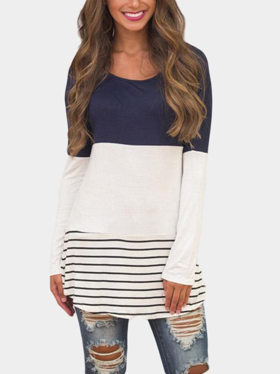 Round Neck Stripe Lace Insert Long Sleeve Curved Hem T-Shirts
