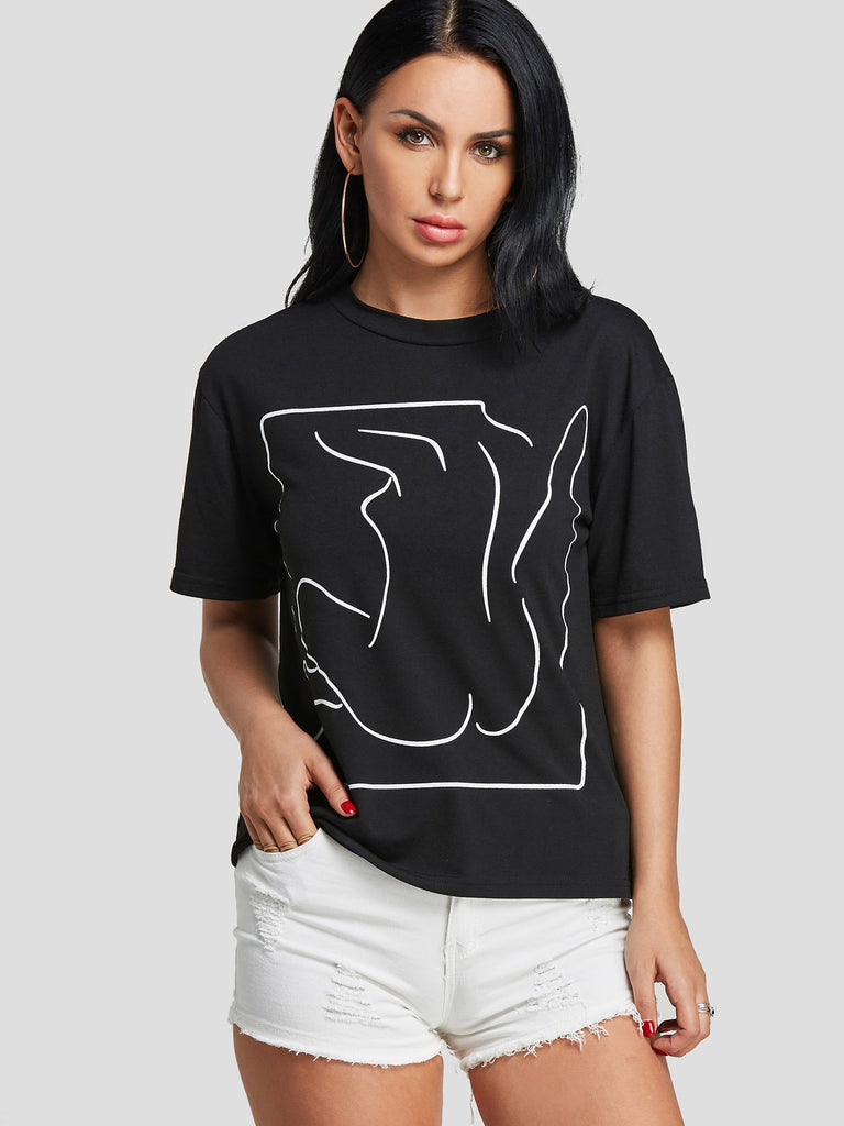 Round Neck Printed Short Sleeve Black T-Shirts