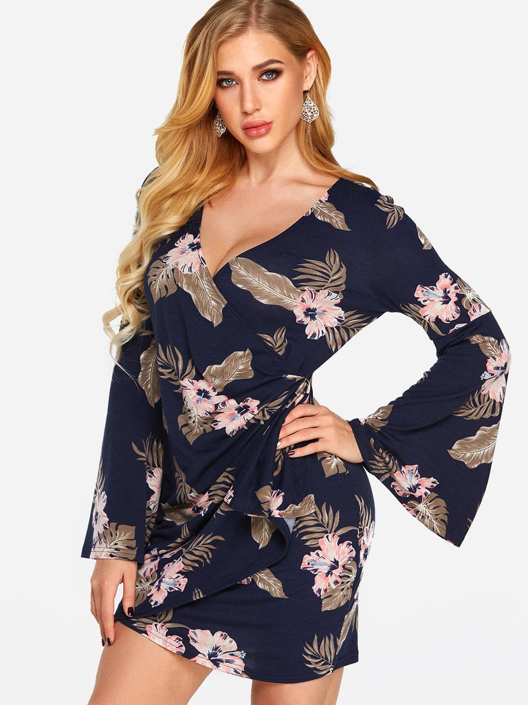 V-Neck Long Sleeve Floral Print Crossed Front Dresses