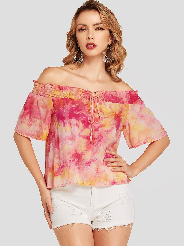 Off The Shoulder Fantasy Colour Half Sleeve Blouses