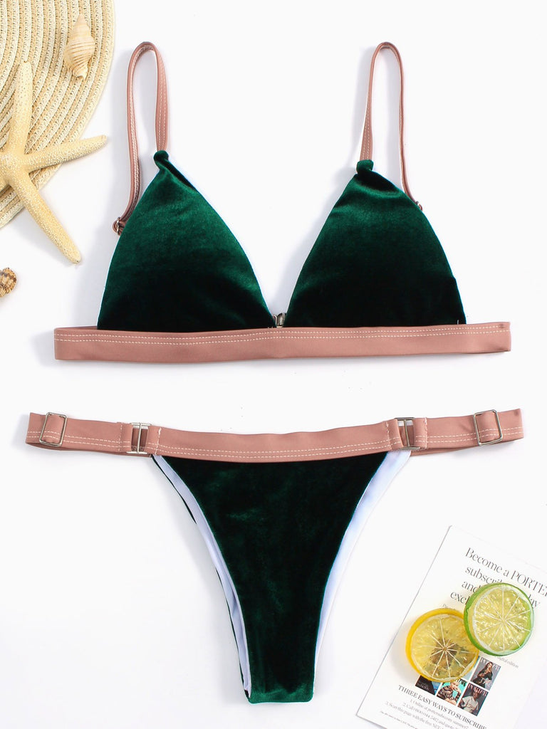 Green Sleeveless Plain Spaghetti Strap Two Piece Bikinis