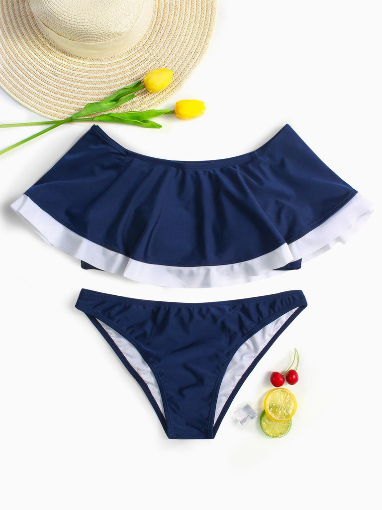 Navy Off The Shoulder Short Sleeve Ruffle Hem Two Piece Bikinis