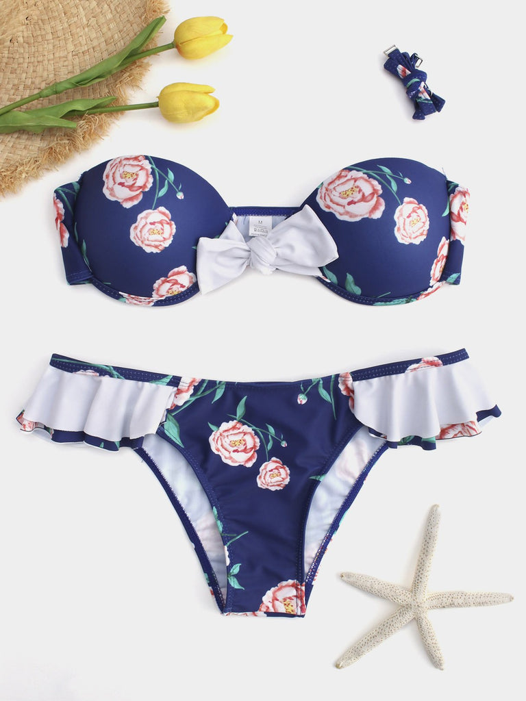 Blue Floral Print Self-Tie Ruffle Trim Bikini Swimwear