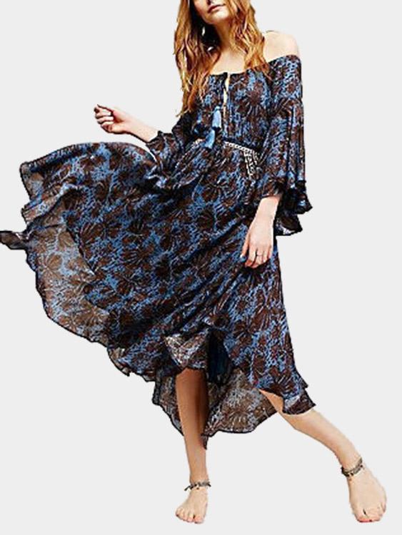 Bateau Off The Shoulder Half Sleeve Floral Print Dresses