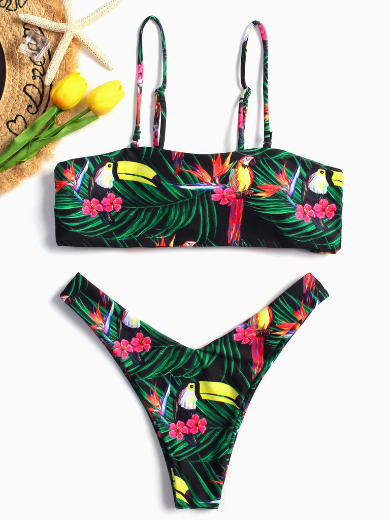 Square Neck Sleeveless Floral Print Two Piece Bikinis