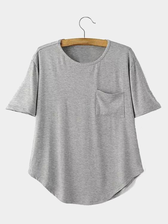 Round Neck Half Sleeve Curved Hem Grey T-Shirts