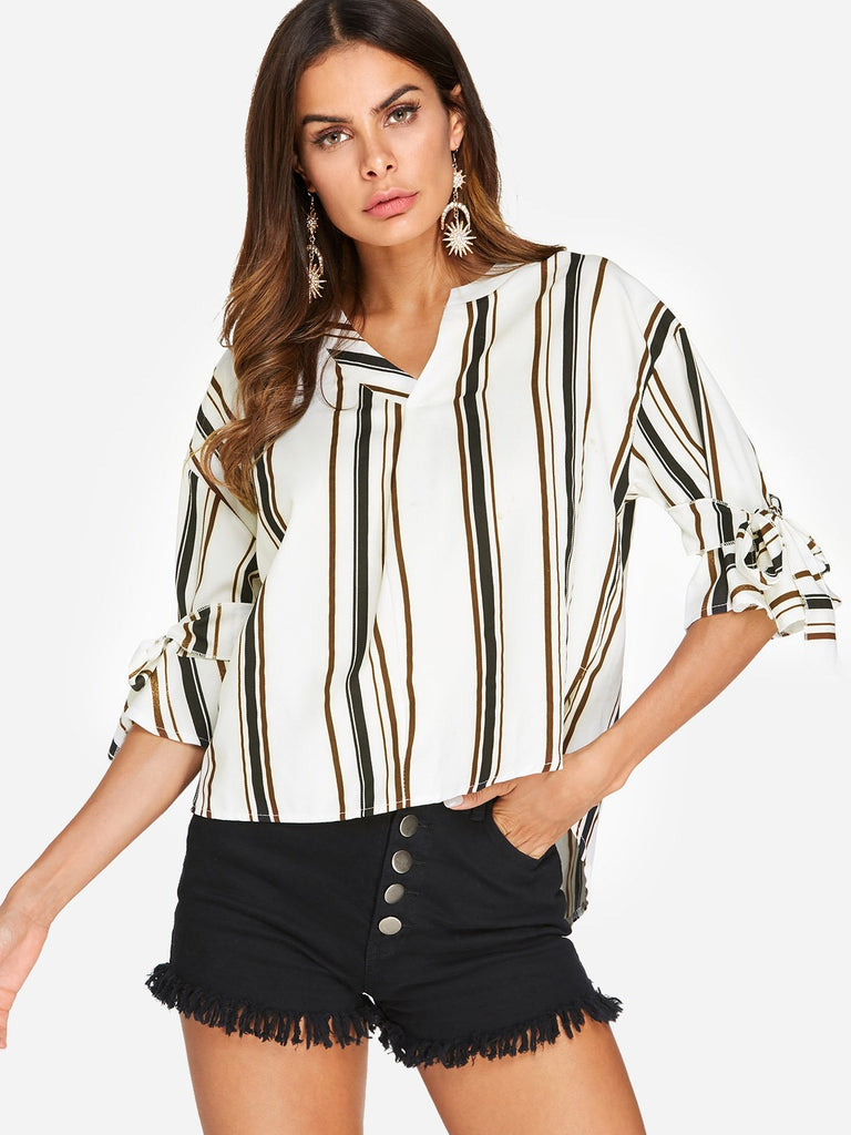Stripe Pattern V-Neck Tie-Up At Cuffs High-Low Hem Tee