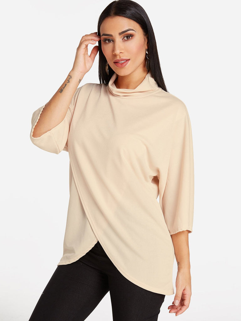 Perkins Collar Plain Crossed Front Slit Half Sleeve Irregular Hem Apricot Blouses