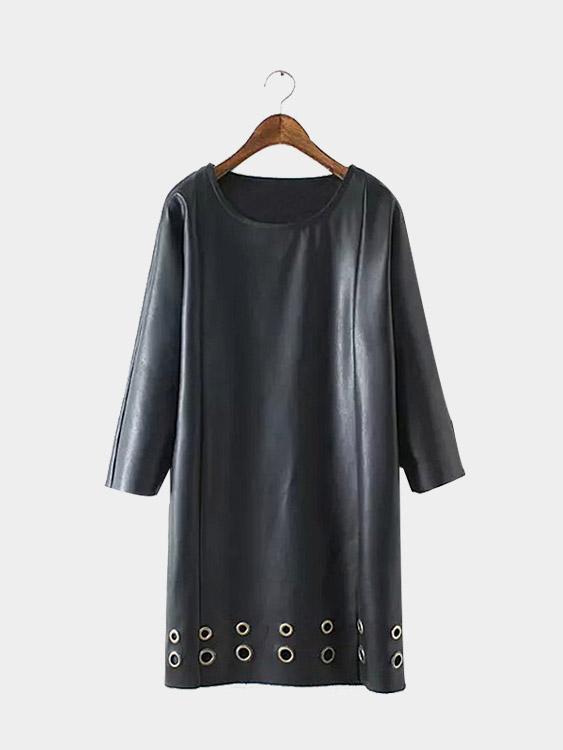 Black Round Neck 3/4 Length Sleeve Plain Midi Dress