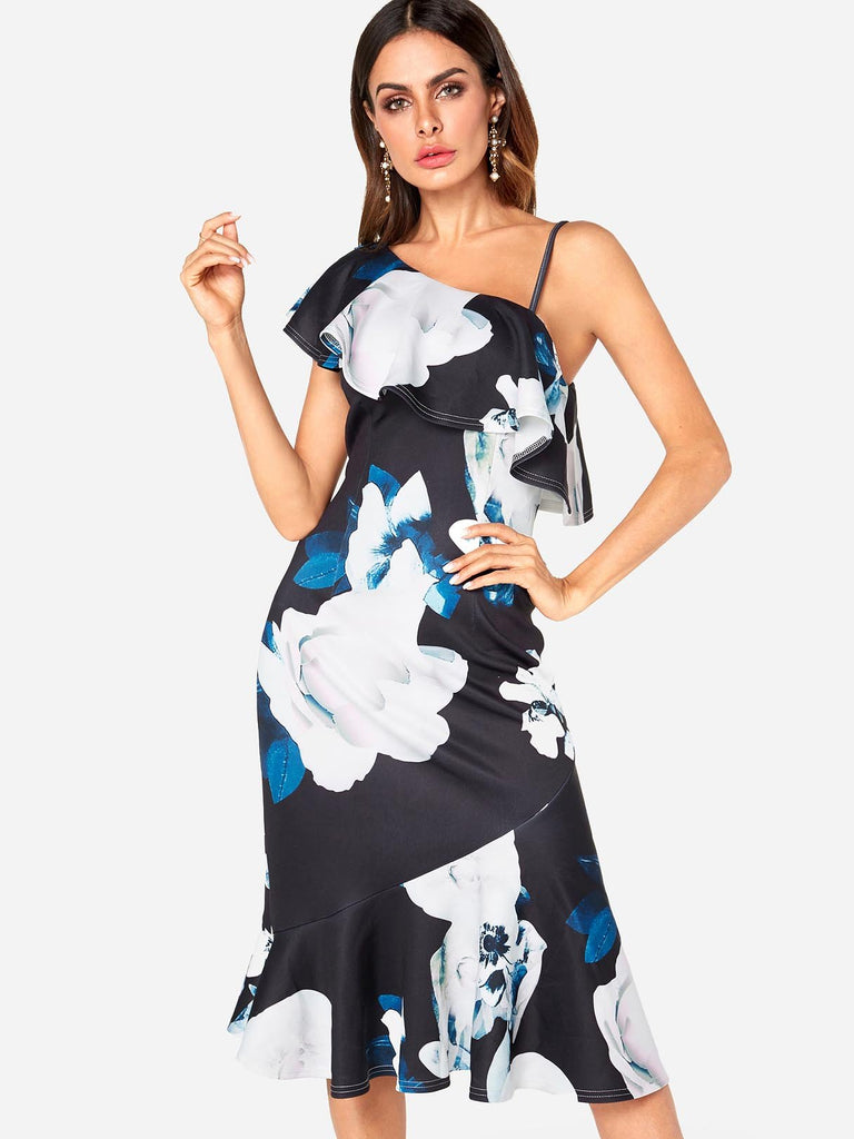 Navy One Shoulder Sleeveless Floral Print Flounced Hem Dresses