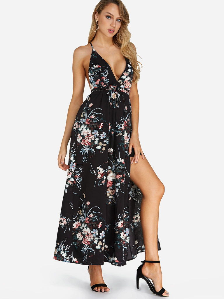 Black Halter Sleeveless Floral Print Zip Back Backless Lace-Up Criss-Cross Slit Hem Maxi Dresses