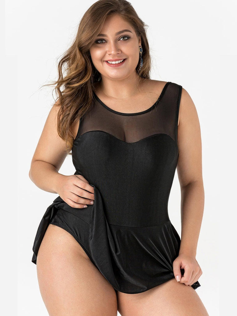 Scoop Neck See Through Sleeveless Flounced Hem Black Plus Size Swimwear