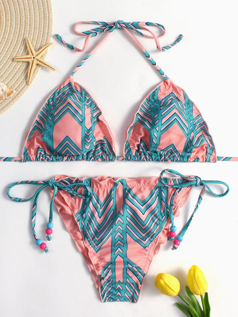 Orange V-Neck Sleeveless Printed Tie-Up Bikinis