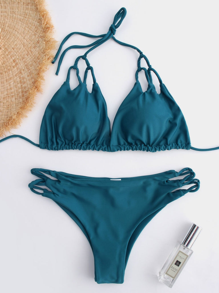Halter V-Neck Sleeveless Cut Out Tie-Up High-Waisted Bikinis