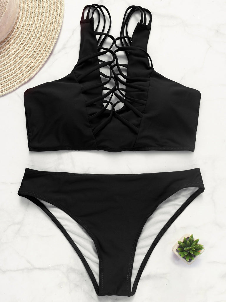 Halter Sleeveless Crossed Front Backless Lace-Up Tie-Up Bodycon Two Piece Bikinis