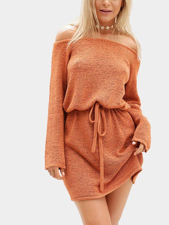 Orange Off The Shoulder Long Sleeve Plain Casual Dresses