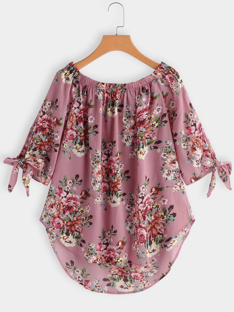 Off The Shoulder Floral Print Self-Tie 3/4 Sleeve Curved Hem Blouses