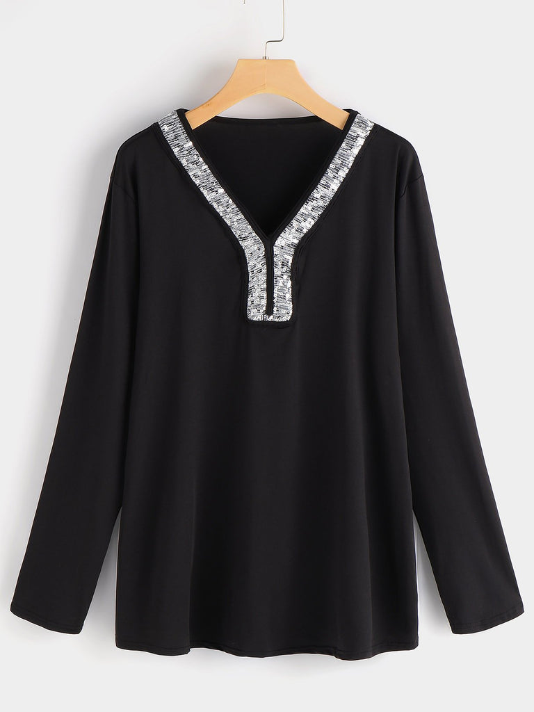 V-Neck Sequins Embellished Long Sleeve Plus Size Tops