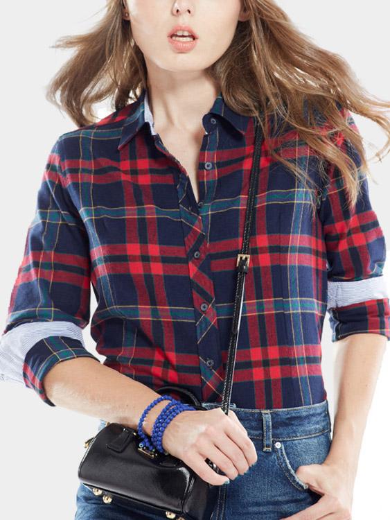 Grid Long Sleeve Red Blouses