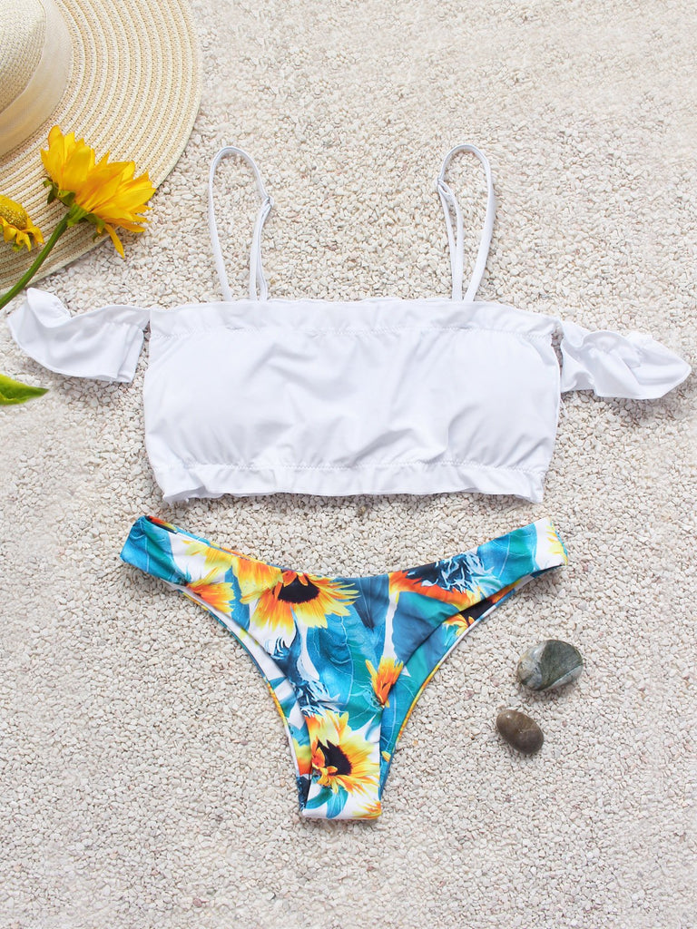 White Short Sleeve Floral Print Spaghetti Strap Bikini