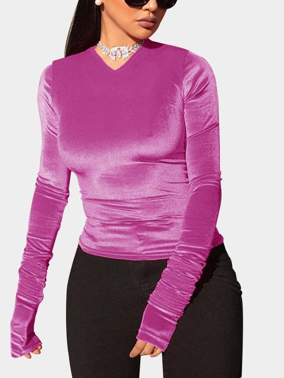 Velvet Fabric V Neck Long Sleeve Top